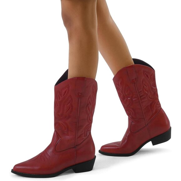 mysoft Women's Red Western Cowboy Boots Mid Calf Pointed Toe Cowgirl Shoes - Picture 6 of 6